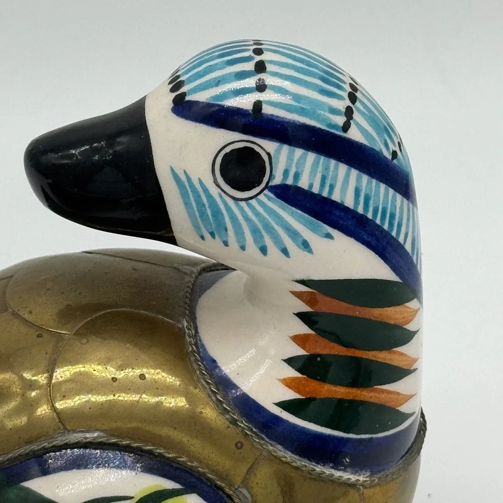 Vtg Tonala Mexico Brass Armored Duck Figurine Pair Set Mixed Media Folk Art 2pc
